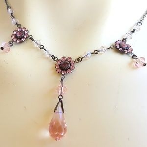 Pink crystal and gem stone flower necklace.